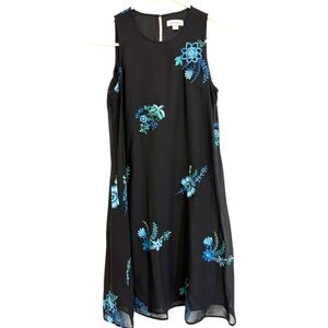Calvin Klein Black Embroidered Floral Shift Dress Blue Sleeveless Size 6
